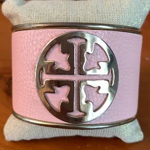 Tory Burch wide cuff bracelet pink gold leather like material metal trim
